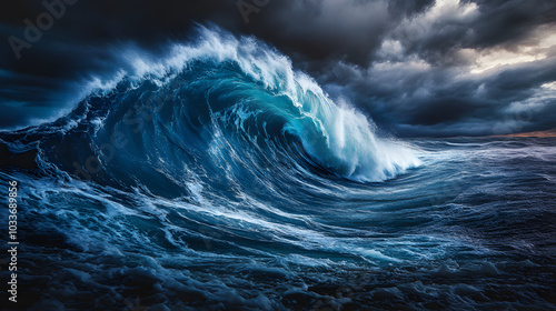 Powerful ocean wave under stormy sky