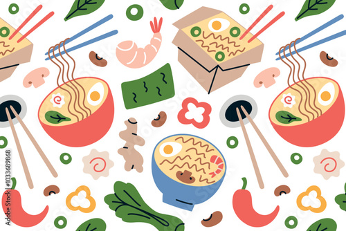 Ramen bowls pattern with shrimp, tofu, ginger and noodle soup ingredients. Bok choy, nori, and vegetables print. Vector illustration in flat cartoon style. Food design for culinary backgrounds