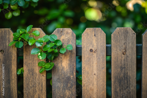 A wooden fence with a plant growing out of it