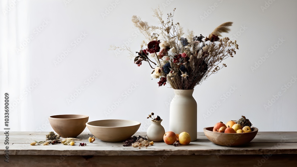 still life scene of a simple wooden table with a vase of dried flowers still life scene of a simple wooden table with a vase of dried flowers