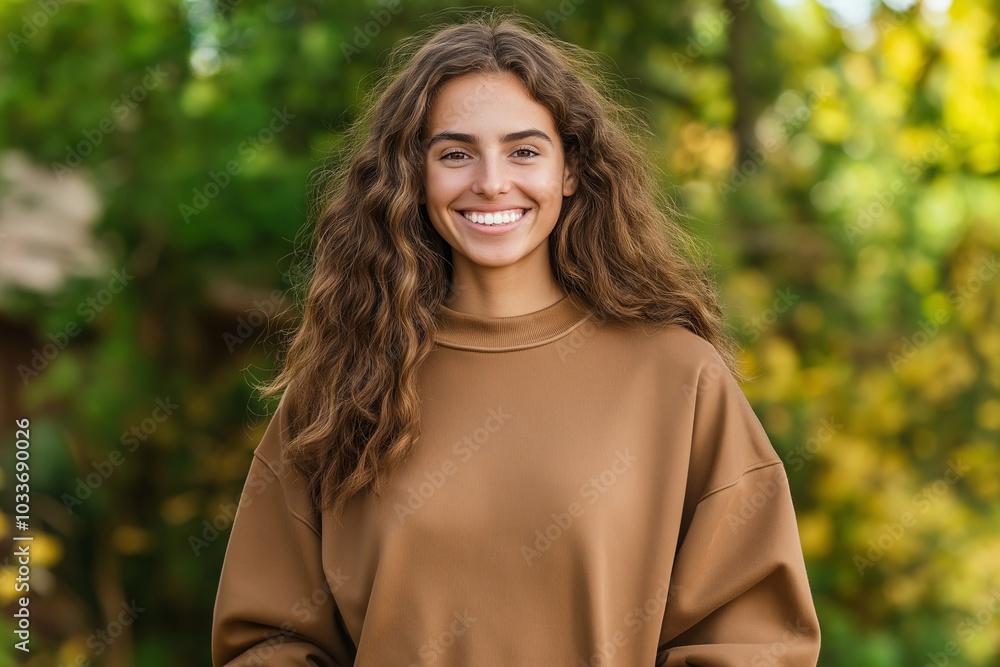 A smiling young woman with curly hair wearing a brown crewneck sweatshirt, standing outdoors with lush greenery in the background, creating a natural and relaxed atmosphere A smiling young woman with curly hair wearing a brown crewneck sweatshirt, standing outdoors with lush greenery in the background, creating a natural and relaxed atmosphere