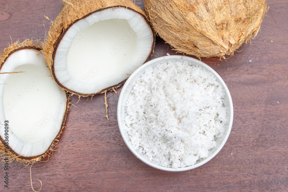 Grated Coconut in White Ceramic Bowl with Halved and Whole Coconut Decoration. To showcase fresh coconut in food styling or tropical recipe presentations. Grated Coconut in White Ceramic Bowl with Halved and Whole Coconut Decoration. To showcase fresh coconut in food styling or tropical recipe presentations.