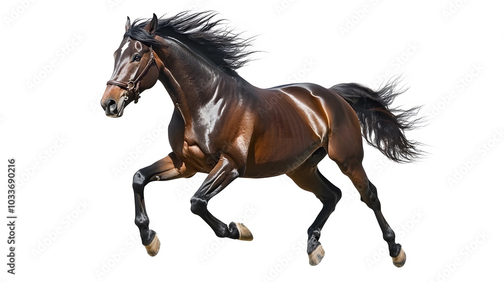 Fototapeta premium Bay stallion run gallop isolated on white. 