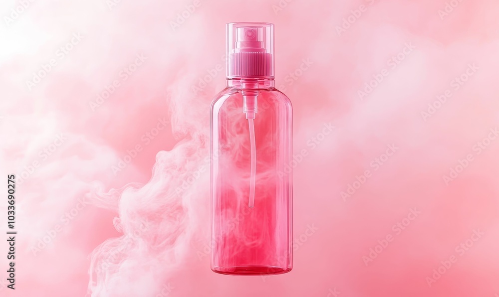 Pink spray bottle on pink background with fog. Pink spray bottle on pink background with fog.