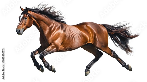 Bay stallion run gallop isolated on white. 