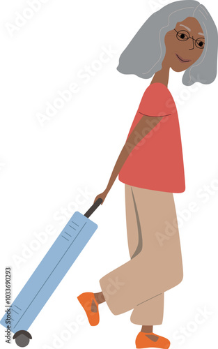 Senior black woman traveling with a rolling suitcase.