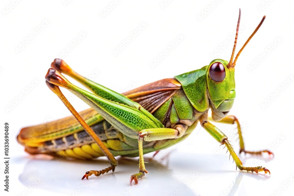 Macro shot of grasshopper insect with shallow Depth of Field isolated on white background Macro shot of grasshopper insect with shallow Depth of Field isolated on white background