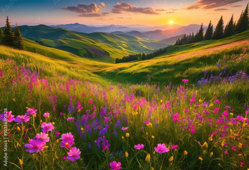 Obraz premium vibrant landscapes featuring lush blooming flowers bathed warm sunlight capturing brightness, blooms, nature, garden, petals, color, scenery, flora