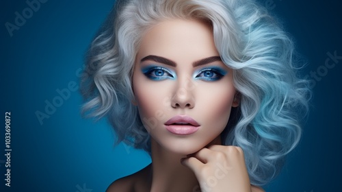 Close-up portrait of a beautiful woman with blue shimer evening makeup. Neural network ai generated art photo