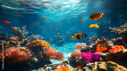 Vibrant coral reef with colorful fish swimming photo