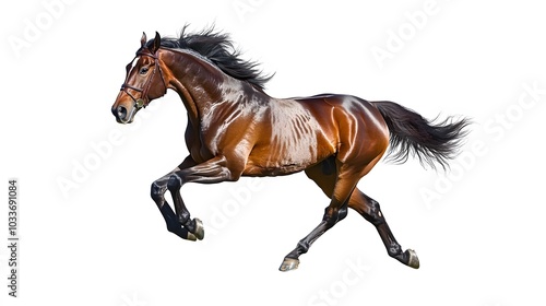 Bay stallion run gallop isolated on white. 