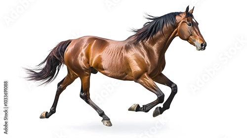 Bay stallion run gallop isolated on white. 