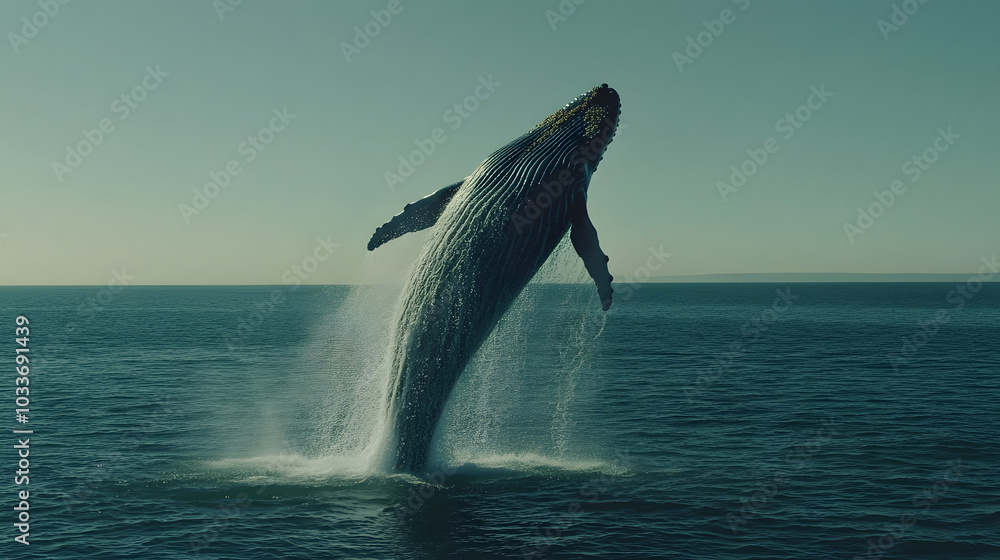 Fototapeta premium Whale breaching ocean surface in sunlight