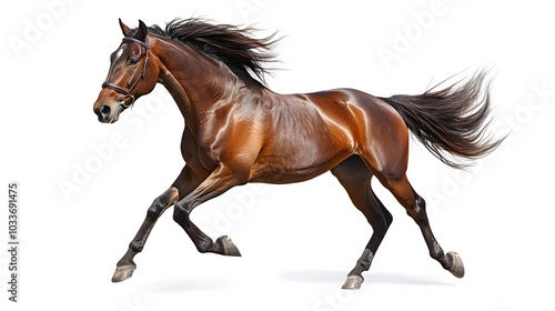 Bay stallion run gallop isolated on white. 