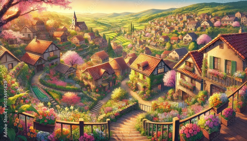 Fototapeta premium 色とりどりの花に囲まれた家々が並ぶ、春の美しい村の風景。太陽の光が温かく照らし、のどかで穏やかな雰囲気が漂っています。豊かな自然と伝統的な建物が調和する、幸福感あふれるシーンです。