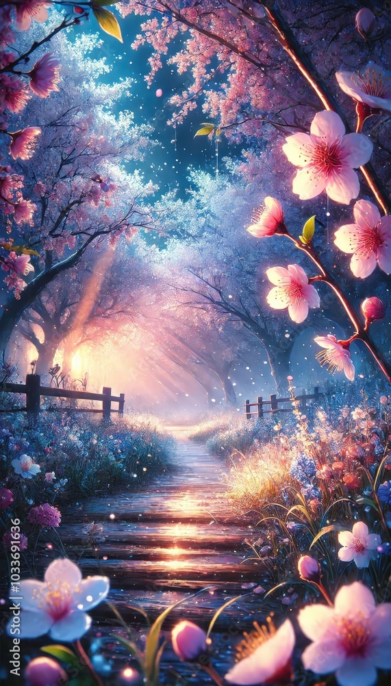 Obraz premium 桜が咲き誇る小道が、夕暮れの柔らかな光に照らされています。花びらが舞い散り、温かみのある幻想的な雰囲気が漂っています。春の訪れを感じさせる、美しい自然の風景です。