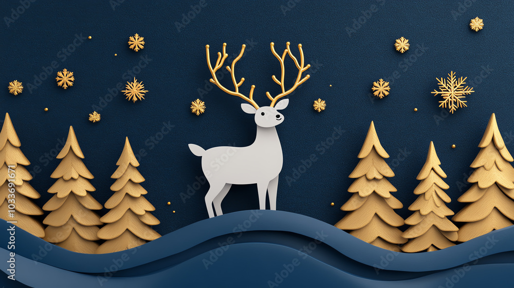 A whimsical paper-cut style reindeer with golden antlers stands amidst stylized trees and snowflakes on a deep blue background, embodying the spirit of winter and celebration. A whimsical paper-cut style reindeer with golden antlers stands amidst stylized trees and snowflakes on a deep blue background, embodying the spirit of winter and celebration.