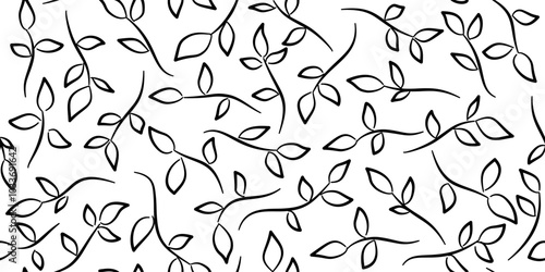 Leaves and branches vector seamless pattern. Black brush leaves and twigs. Black ink texture with foliage. Hand drawn outline twig. Abstract plant motif.