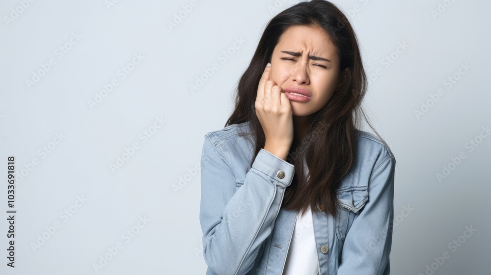 Woman feel toothache from gingivitis, female suffer tooth, decay problems, dental care. Neural network ai generated art Woman feel toothache from gingivitis, female suffer tooth, decay problems, dental care. Neural network ai generated art