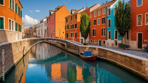 Vibrant canal with colorful buildings and tranquil reflections during a sunny day.