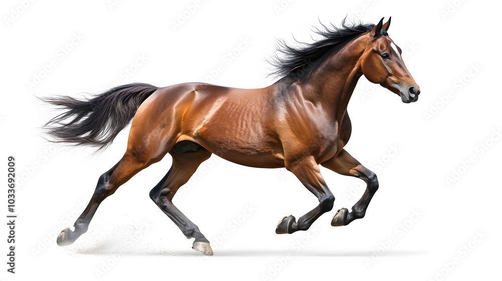 Fototapeta premium Bay stallion run gallop isolated on white. 