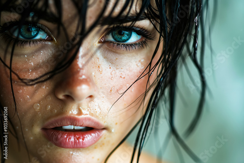 A close up of a woman with wet hair and blue eyes photo