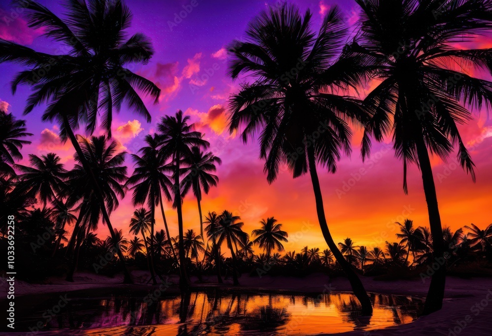 Obraz premium vibrant palm trees silhouetted breathtaking sunset skyline striking colors natural beauty, landscape, nature, clouds, horizon, dusk, colorful, evening