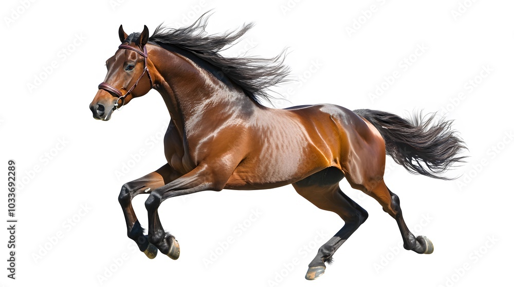 Bay stallion run gallop isolated on white. Bay stallion run gallop isolated on white.