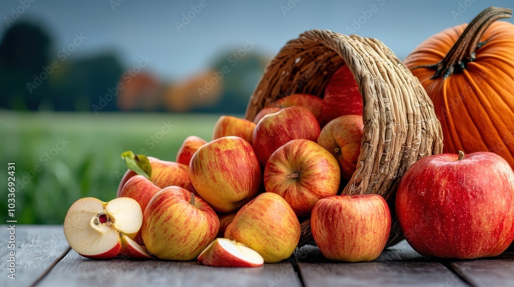 Fresh apples and pumpkins in a rustic basket on a wooden surface, autumn scene. Fresh apples and pumpkins in a rustic basket on a wooden surface, autumn scene.