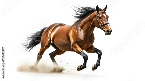 Bay stallion run gallop isolated on white. 