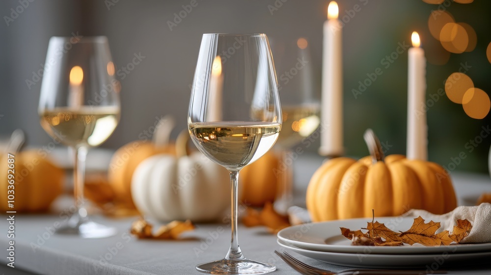 Elegant table setting with wine glasses, pumpkins, and candles for festive dining. Elegant table setting with wine glasses, pumpkins, and candles for festive dining.