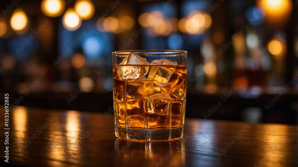 Elegant glass of whiskey with ice on a wooden bar in warm ambient lighting, capturing a serene moment. Elegant glass of whiskey with ice on a wooden bar in warm ambient lighting, capturing a serene moment.