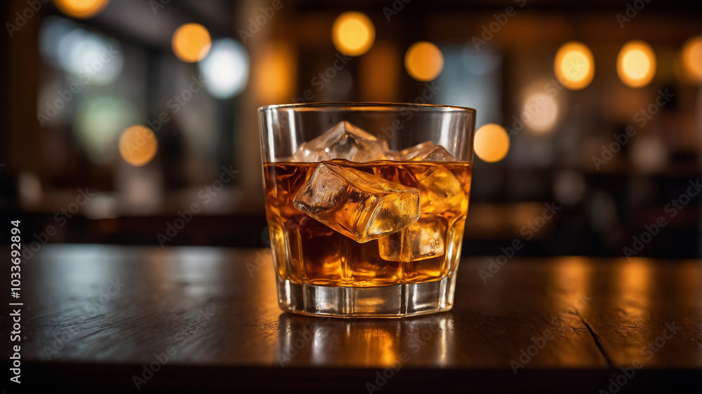 Elegant glass of whiskey with ice on a wooden bar in warm ambient lighting, capturing a serene moment. Elegant glass of whiskey with ice on a wooden bar in warm ambient lighting, capturing a serene moment.