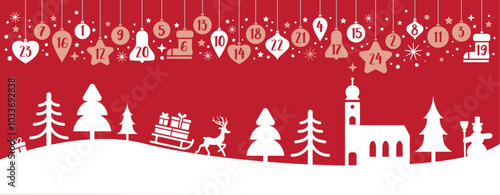 Adventskalender mit Winterlandschaft - Weihnachtsdekor und Weihnachtskugeln mit Zahlen - Vektor Illustration - rot