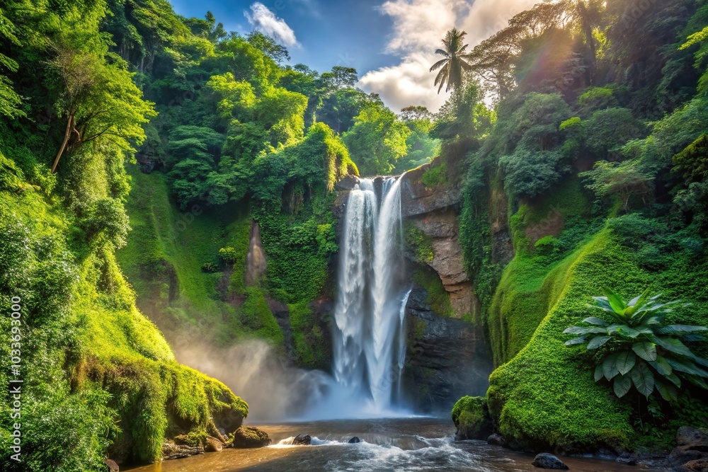 impressive high waterfall deep in bali jungle impressive high waterfall deep in bali jungle
