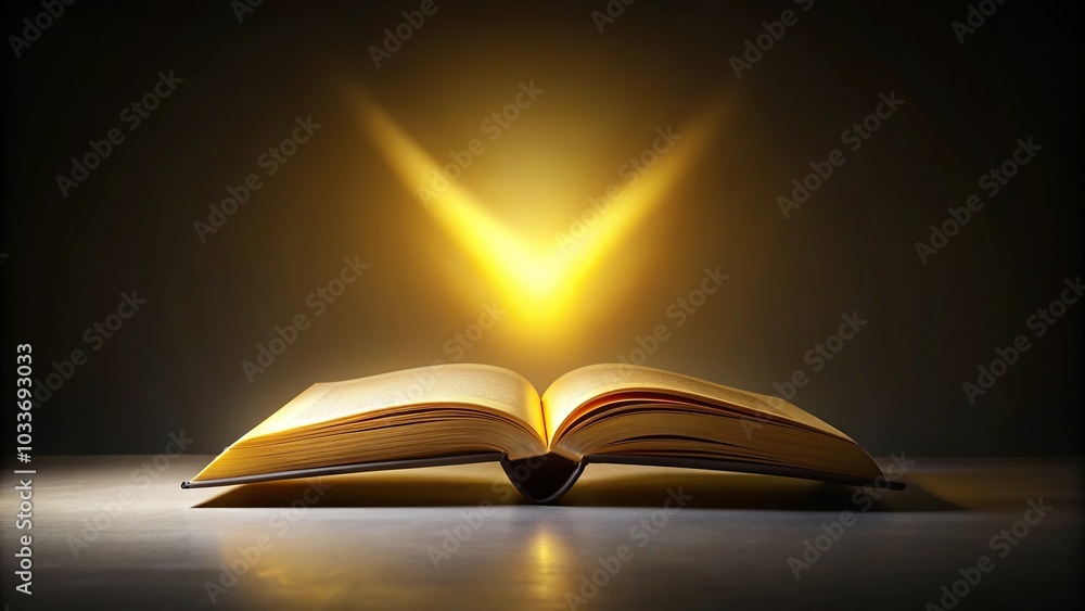 Minimalist floating open book with glowing yellow light on dark background Minimalist floating open book with glowing yellow light on dark background