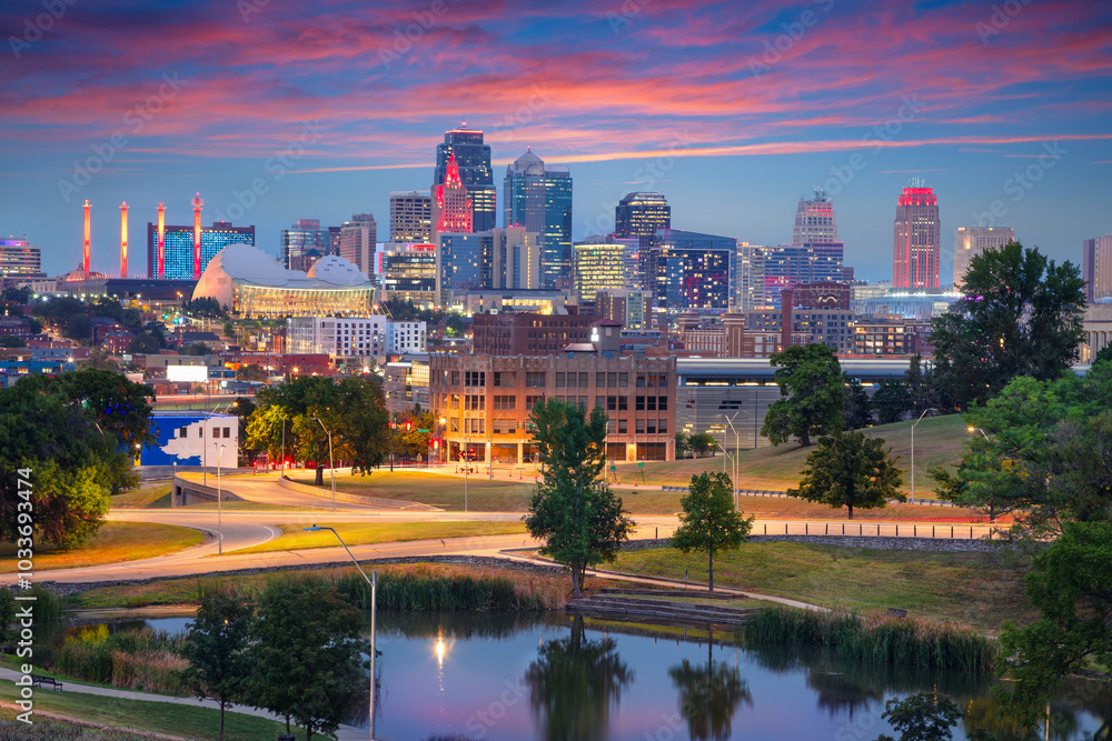 Kansas City, Missouri, USA. Aerial cityscape image of Kansas City skyline at twilight blue hour.