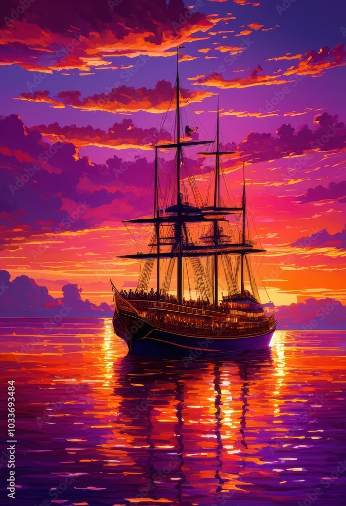 Fototapeta premium vibrant ship deck placed breathtaking sunset brilliant reflections illuminating surrounding waves enhancing atmosphere, water, ocean, color, light, sky