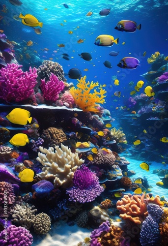 close shot vibrant underwater coral reef teeming colorful marine life intricate textures, anemones, aquatic, bright, creatures, depths, diversity, ecology