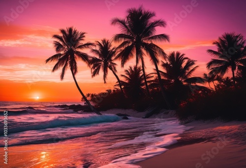 vibrant beach sunset scene stunning colors reflecting soft waves sandy shores under clear sky, light, reflection, horizon, ocean, clouds, orange, pink, blue