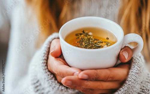 A close-up image of hands wrapped in a cozy sweater holding a white cup of herbal tea, with visible herbs floating on the surface, conveying warmth, comfort, and relaxation