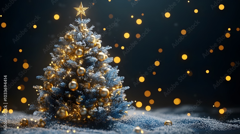 Blue and Gold Christmas tree with garland and lights Blue and Gold Christmas tree with garland and lights