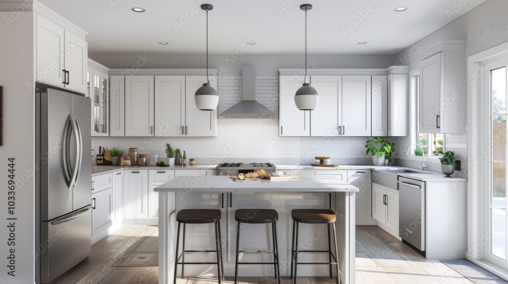 A modern kitchen with white cabinetry, concrete countertops