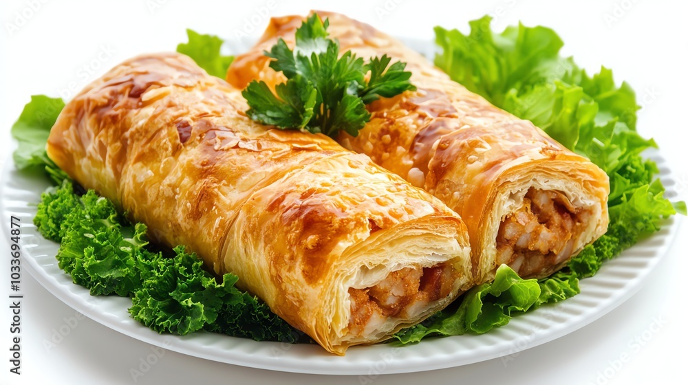 Two golden brown sausage rolls on a plate of lettuce. Two golden brown sausage rolls on a plate of lettuce.