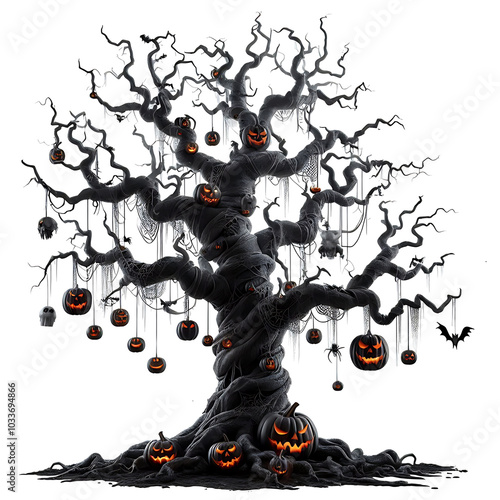 Halloween Tree Wrapped in Spider Webs and Carved Pumpkins on a Dark Isolated Background, PNG