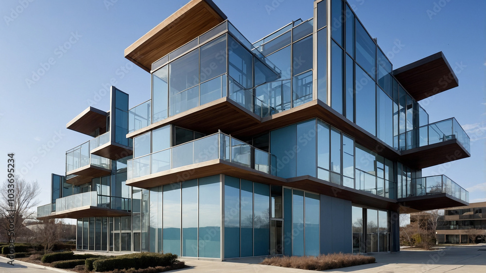 Fototapeta premium Contemporary glass building with wooden accents under clear blue sky showcasing modern architecture.