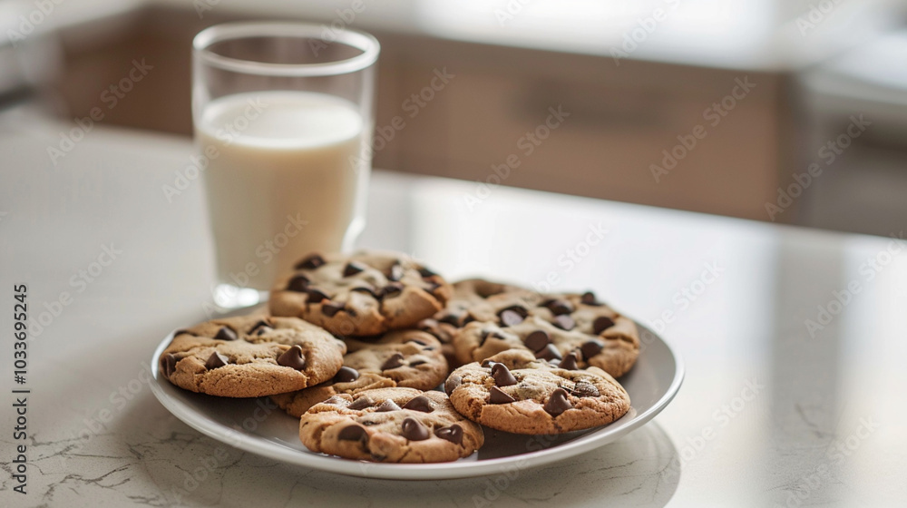 Chocolate chip cookies neatly arranged in a bright kitchen with a glass of almond milk. A delicious vegan snack for breakfast or before bed time Chocolate chip cookies neatly arranged in a bright kitchen with a glass of almond milk. A delicious vegan snack for breakfast or before bed time