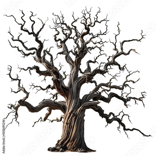Majestic Ancient Tree with Gnarled Twisting Branches and Thick Bark on Isolated Transparent Background, PNG
