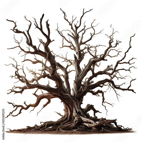 Massive Bare Tree with Intricate Roots and Branches in a Desolate Landscape on Transparent Background, PNG