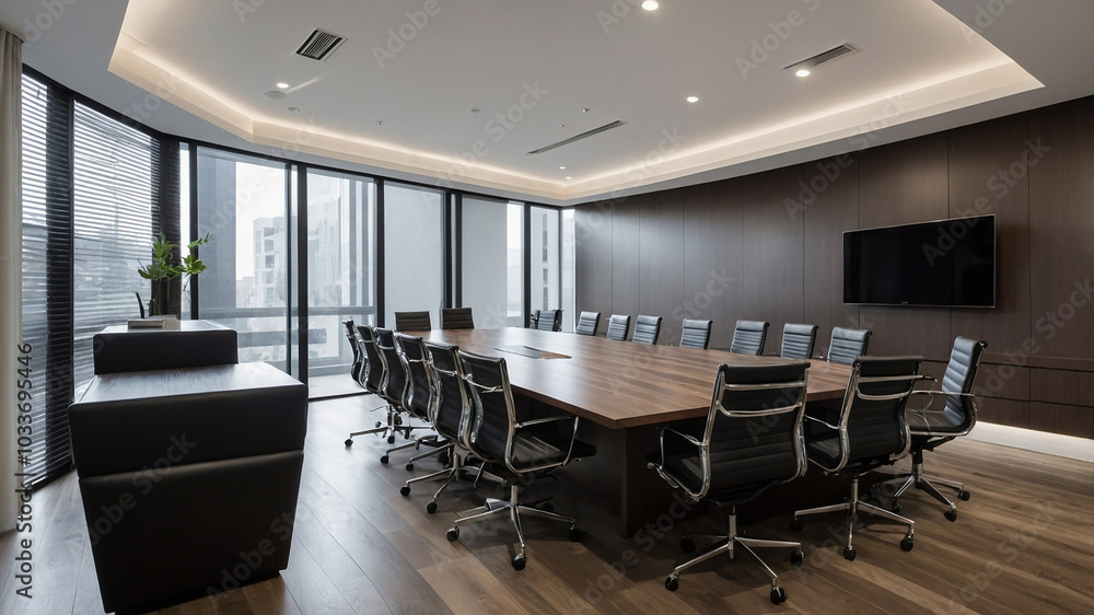 Modern conference room with sleek design and large wooden table in corporate office setting. Modern conference room with sleek design and large wooden table in corporate office setting.